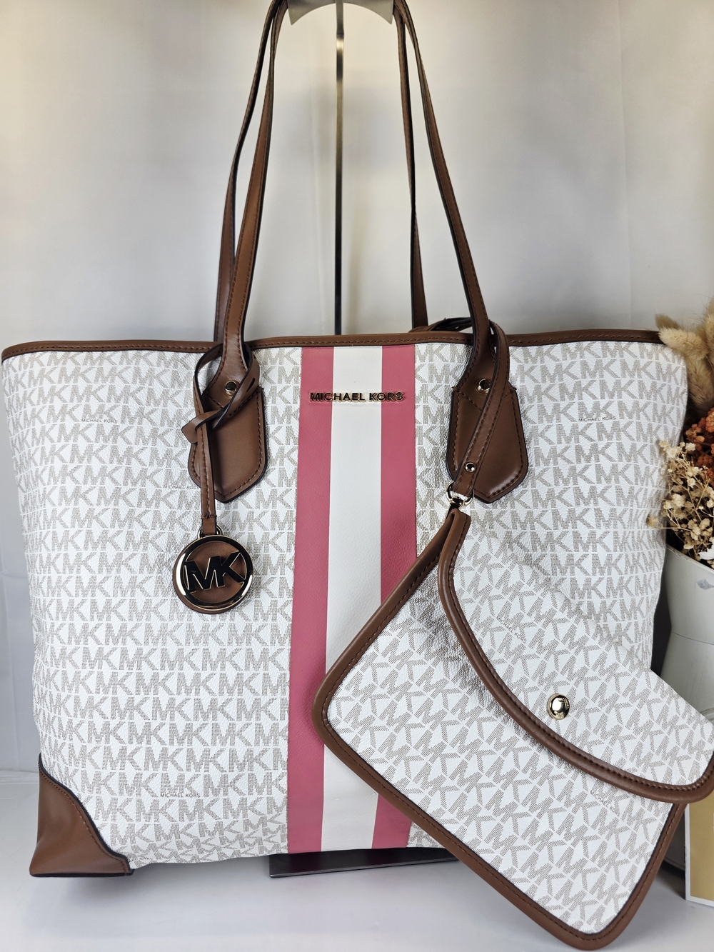 Michael Kors Eva White Brown Canvas Large Tote with Signature Trim Shoulder Bag